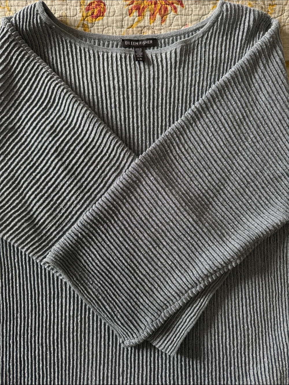 Eileen Fisher Ribbed Top - Sweater in Light Blue w/silver in the threads. Slinky
